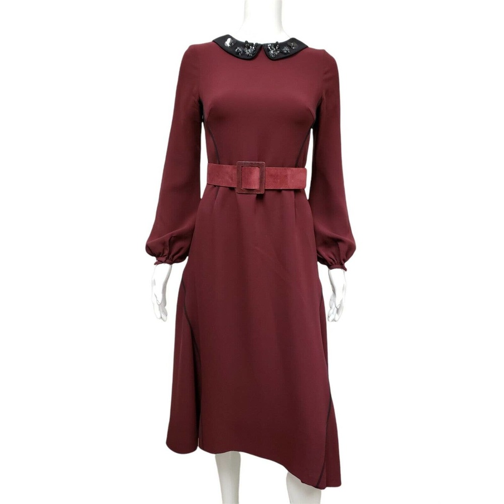 J. MENDEL Burgundy Belted Beaded Peter Pan Collared A-Line Midi Dress Size 6